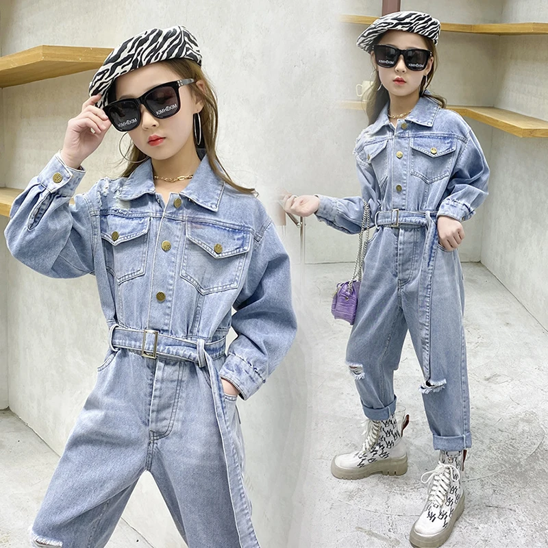 

Children's Overalls Spring Fashion Denim Cargo Pants Girls Clothes Long Sleeve Kids Bodysuit Autumn Teens Ripped Rompers 10 12 Y