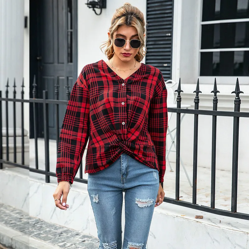 

Long Sleeve Shirt Women Plaid Mid-Length Printed Collarless Temperament Top Outdoor Leisure Party Camping Ladies Formal Femme