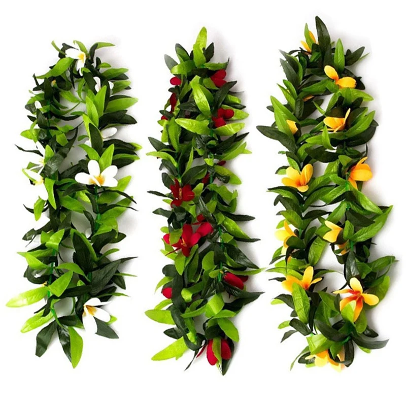 Luau Leis 3 Pcs Artificial Flowers Tropical Hawaiian Lei Leaf Necklaces for Hula Costume and Beach Party
