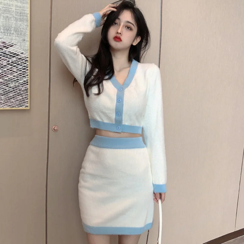 

High Quality Spring Autumn Korean Fashion 2 Piece Sets Womens Outfits Knitted Cardigan Crop Top + Mini Skirt Suits Two Piece Set