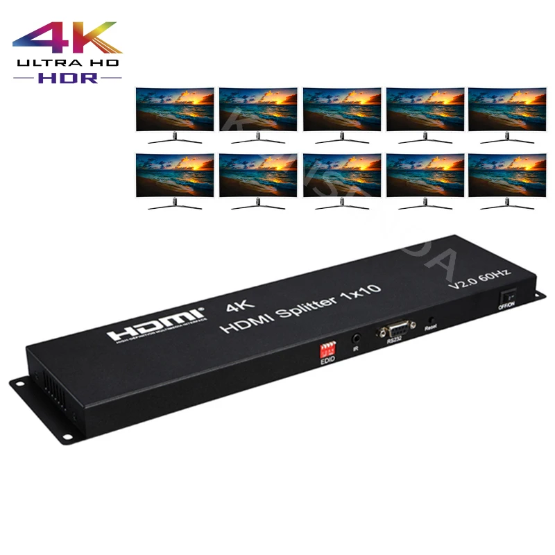 

HDMI 2.0 4K 60Hz HDMI Splitter 1x10 1080P 3D Video Converter Distributor 1 In 10 Out EDID RS232 Computer Laptop PC TO TV