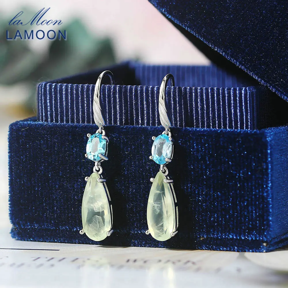 

LAMOON 925 Sterling Silver Drop Earring For Women Natural TearDrop Prehnite Blue Topaz 18K Gold Plated Fine Jewelry Korea EI056