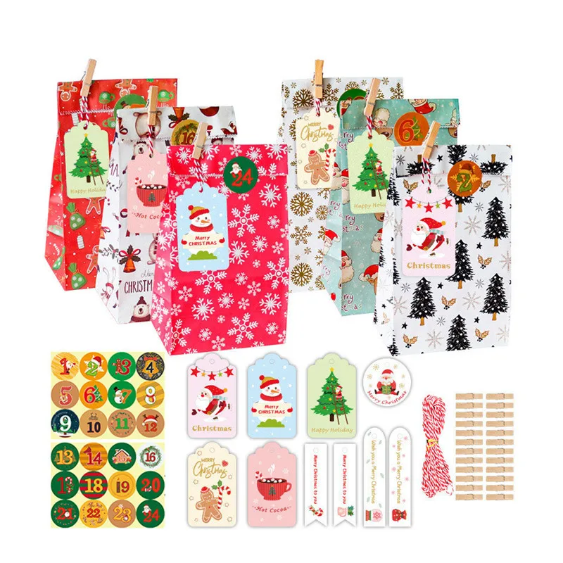 

24pcs/Lot Christmas Printed Kraft Paper Bags Package For Gifts Merry Xmas Advent Calendar Sticker Tags Bakery Surprise Box