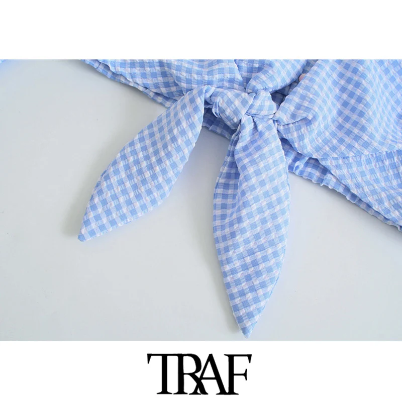 

TRAF Women Sweet Fashion With Knot Check Cropped Blouses Vintage Ruffled O Neck Long Sleeve Female Shirts Chic Tops