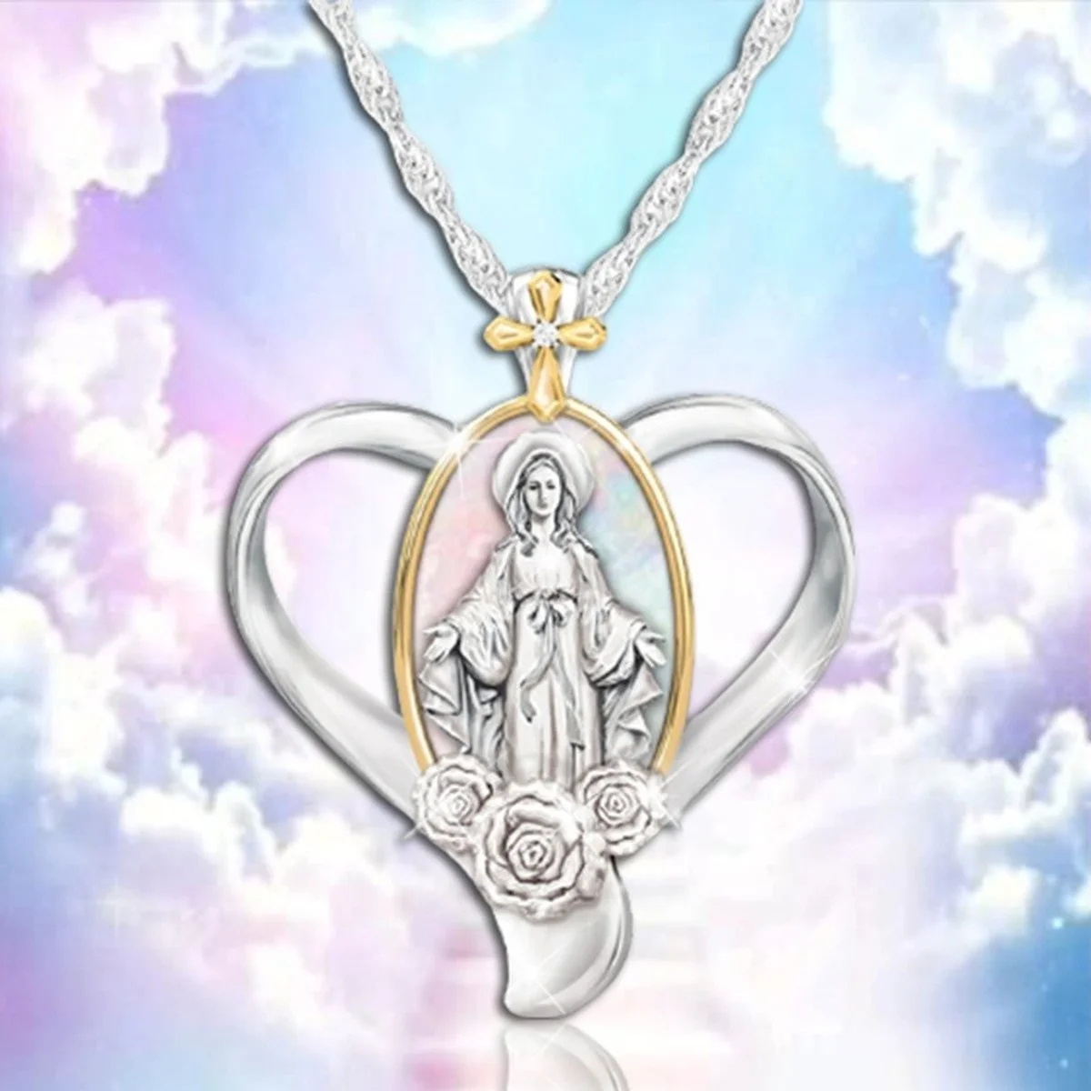 

Exquisite Cross Heart Pendant Virgin Mary Necklace for Women Christian Prayer Jewelry Fashion Accessories Christmas Gift for Mom