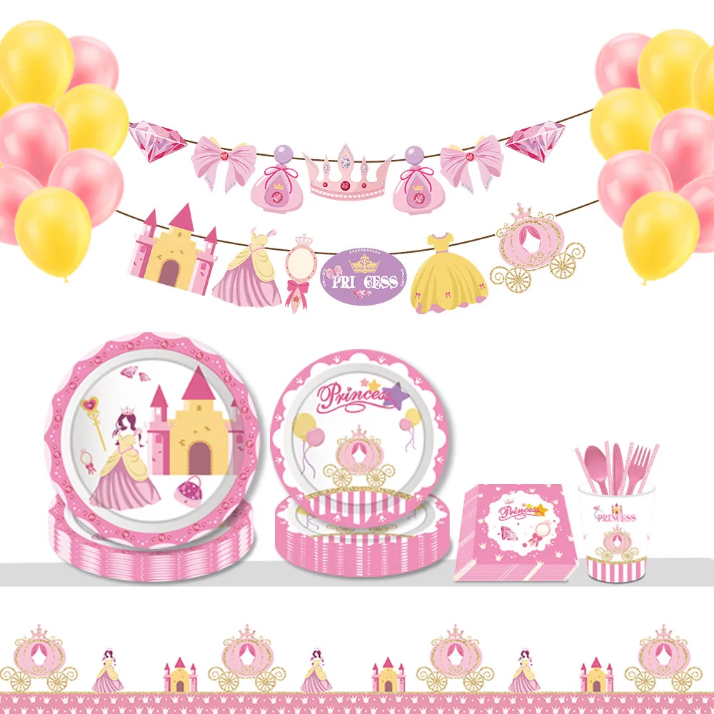 

Girls Pink Sweet Princess Castle Party Decorations Disposable Tableware Sets Plates Cups Baby Shower Happy Birthday Party Favors