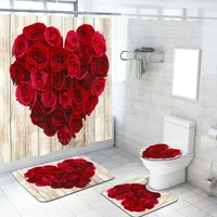 valentines day bath curtain with hooks waterproof polyester fabric red heart flower shaped roses wooden board bathroom mats