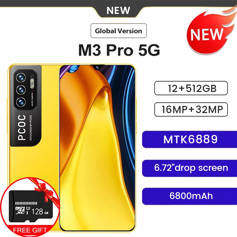 

Global Version PCOC 6.72 Inch M3 Pro Smartphone 6800mAh 12+512G Cellphone 16+32MP Fingerprint ID 4G/5G Network Andriod10 Celular