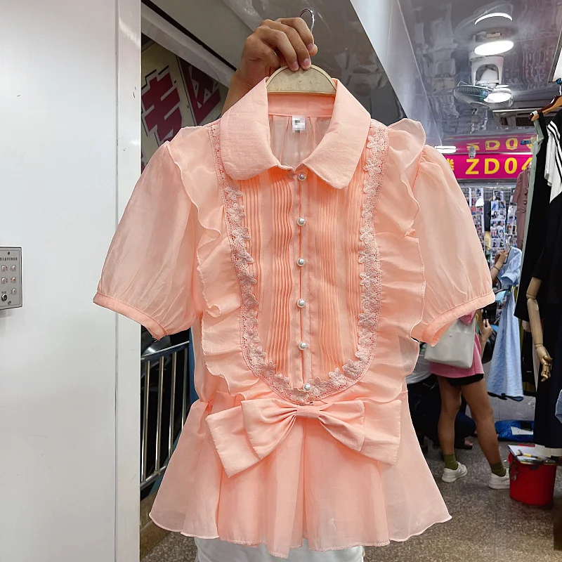 

2021 Summer New Retro Short Sleeve Top Ruffled Bow Thin Shirt All-Matching Shirt Womens Tops Blouse Women