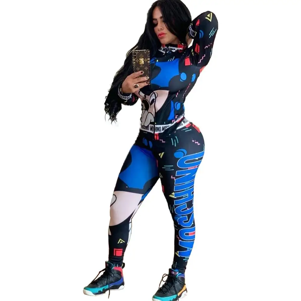 Fashion tide cartoon spliced lady sports suit full sleeve jackets and skinny pants 2 piece set casual sweatsuit | Женская одежда