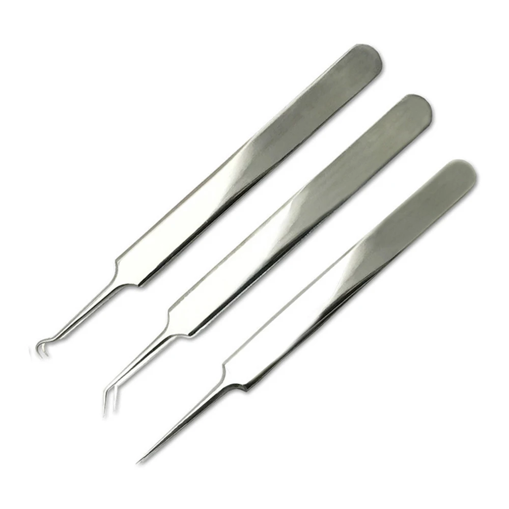 3pc Blackhead Tweezers Eyelash Extension Nipper Anti Acid Steel Needle Removal Acne Face Care Curved Straight Nail Tool | Красота и
