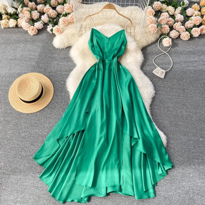 

New Crystal Diamond Sexy Stain Elegant Dress Women 2022 Green Sleeveless Backless Criss Cross Chain Maxi Irregular Party Dresses