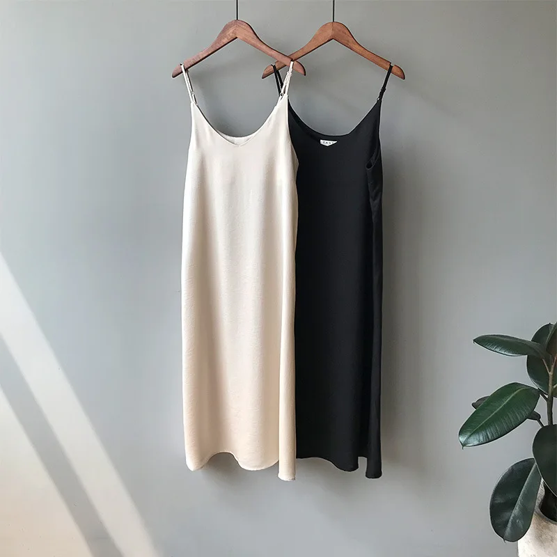 

2021 Spring Summer Woman Tank Dress Casual Satin Sexy Camisole Elastic Home Beach Dresses V-Neck Camis Sexy Fashion Dress Women
