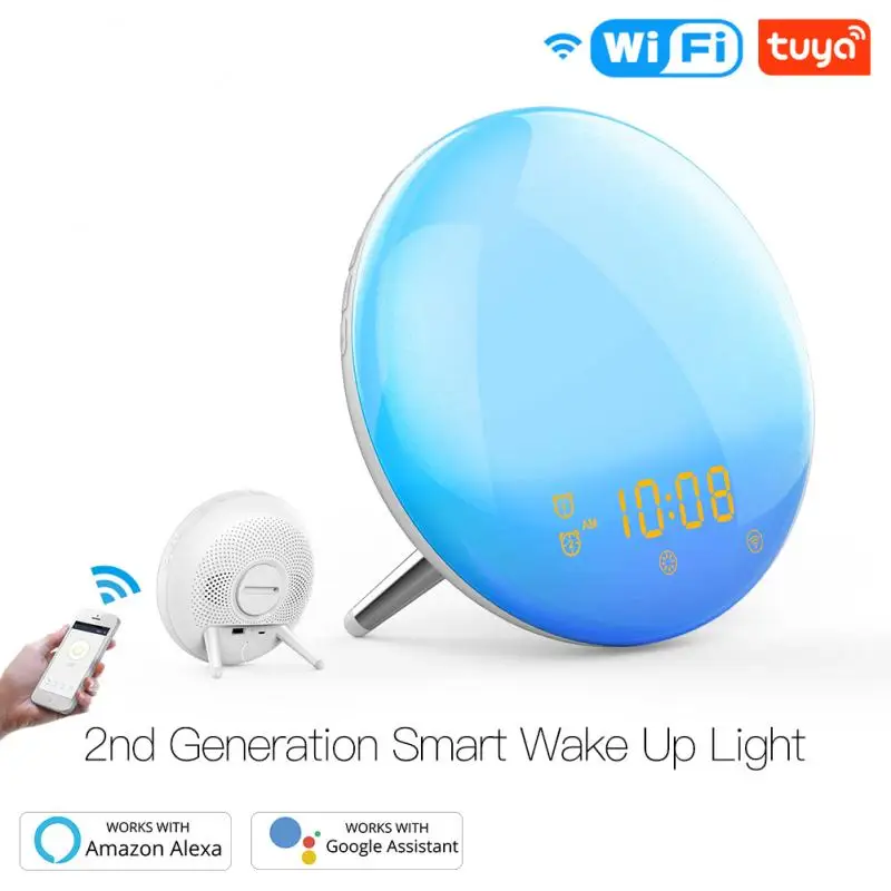

Tuya WiFi Smart Wake Up Light Workday Alarm Clock With 7 Colors Sunrise/Sunset Simulation 4 Alarms Works With Alexa Google Home