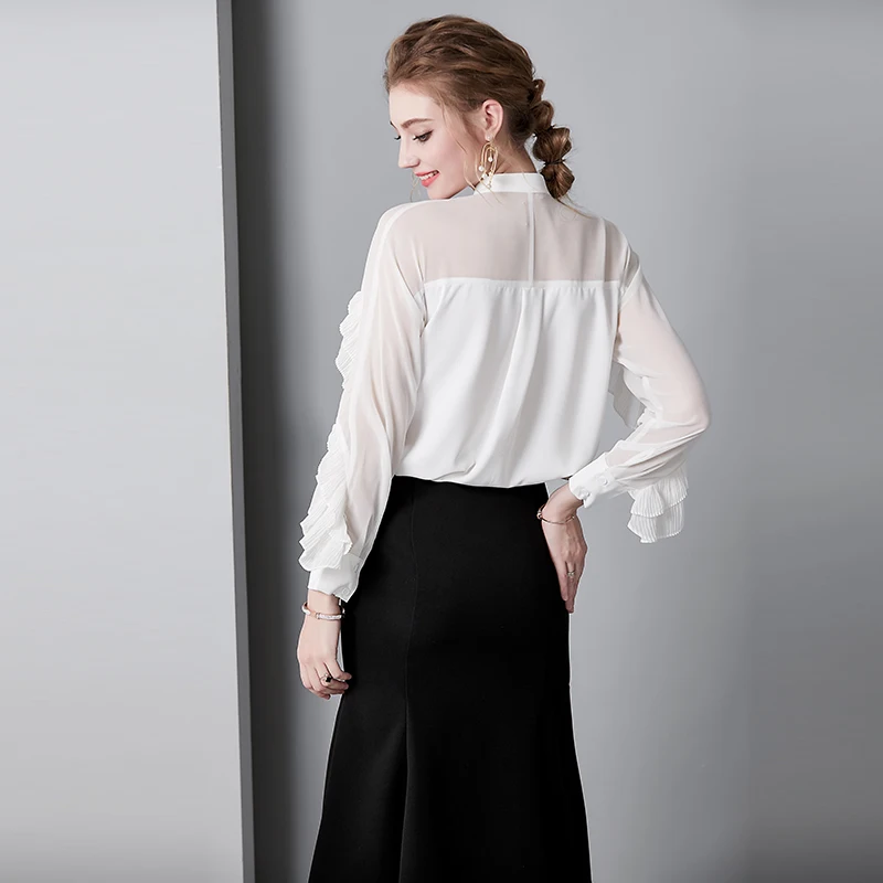 Белая Блузка Boho из хлопка с длинным рукавом и рюшами, женские блузки из шифона, однотонные Женские топы и блузки размера плюс, женская одежда