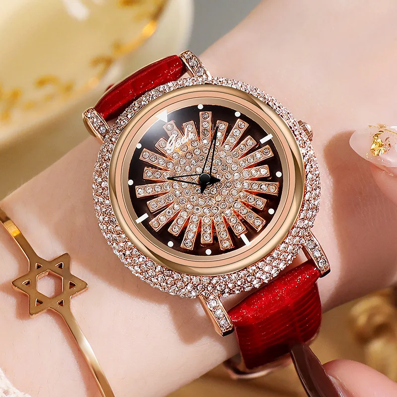 

Stylish Rotate Rose Gold Women Watches Full Rhinestone Luxury Party Star Ladies Wristwatch Red Leather Band Party Casual Clock