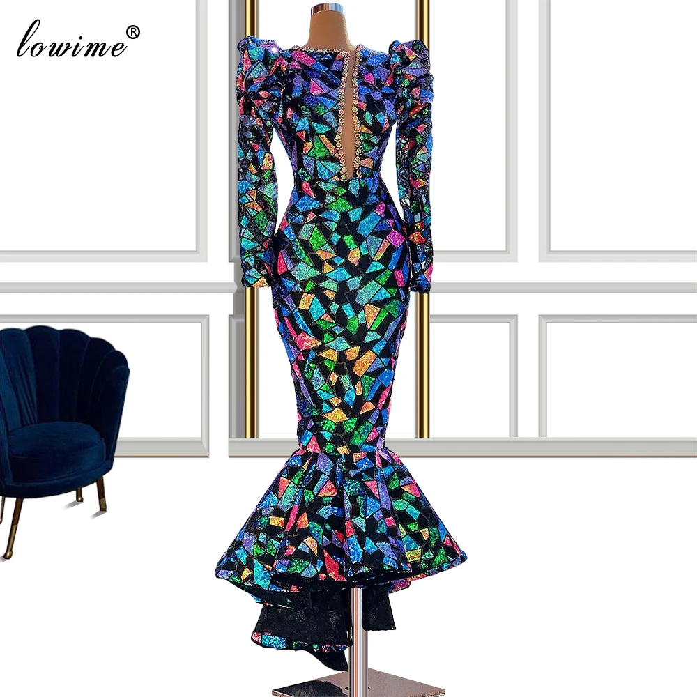 

Plus Size Arabic Sequins Prom Dresses Mermaid Long Sleeves Cocktail Party Dresses For Women Muslim Pageant Dresses Vestidos