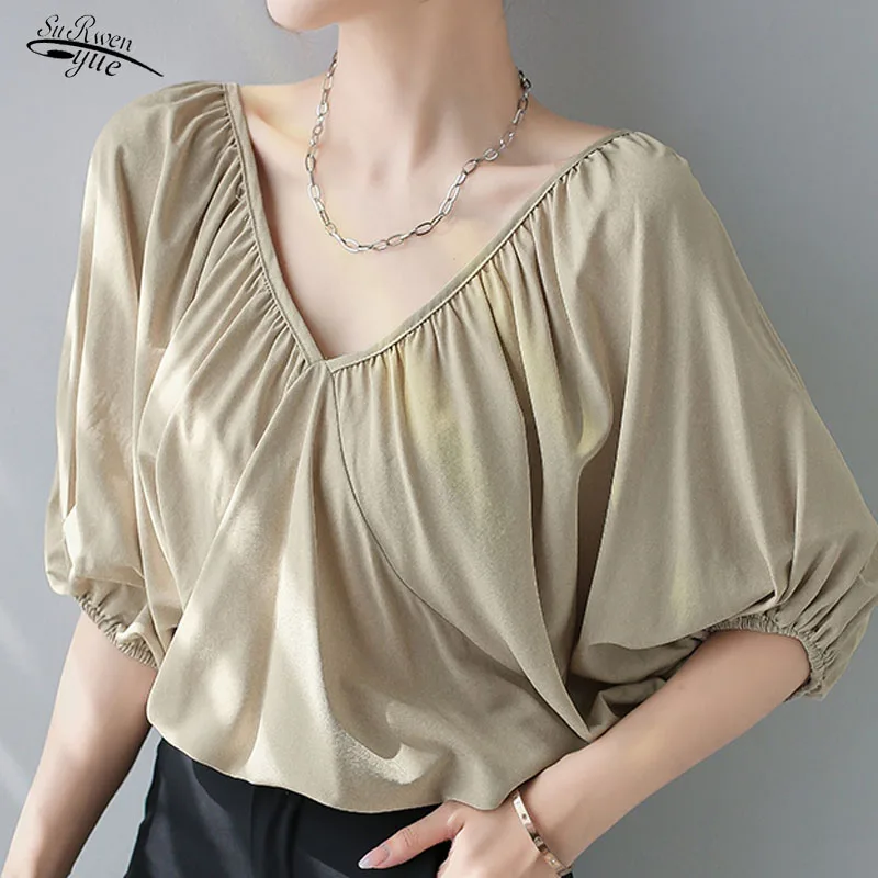 

Korean Fashion Loose V-neck Chiffon Shirt Summer Pleated Short Sleeve Women's Top Lace-up Top Loose Casual Blusas Mujer 15635