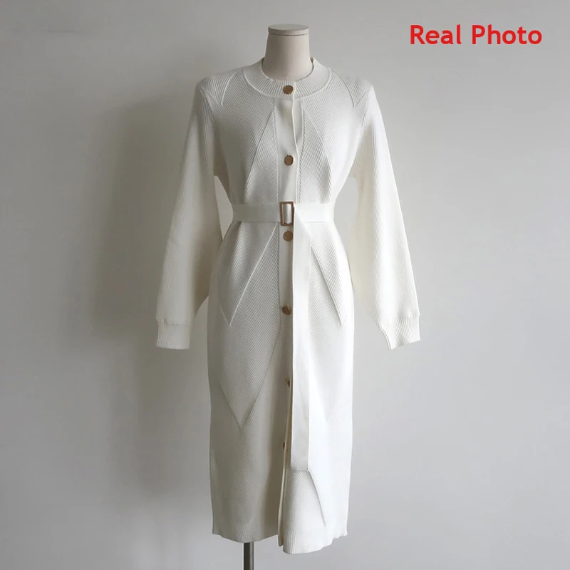 

Elegant O-neck Single-breasted Women Solid Sweater Dress OL Style Long Sleeve Belted Knitted Mid-length Dress Female