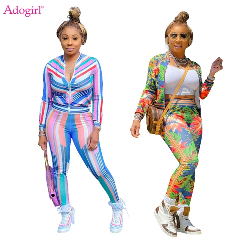 

Женский спортивный костюм Adogirl в полоску с цветочным принтом, куртка на молнии с длинным рукавом, топ и брюки-карандаш, повседневный спортивный костюм из 2 предметов, осенний костюм