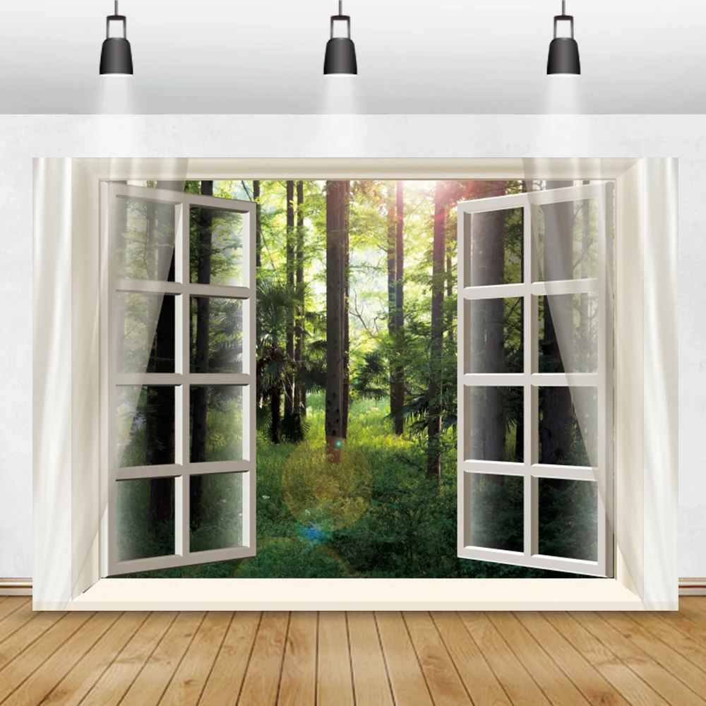 

Laeacco Autumn Forest Green Grass Creative Windows Home Decor Photography Background Photographic Backdrop For Photo Studio