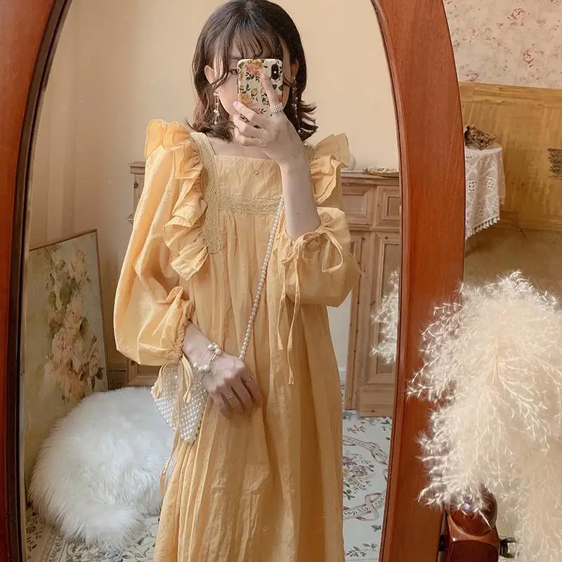 Autumn Fairy Kawaii Dress Women Long Sleeve Yellow Elegant Party Midi Female Casual Korean High Waist Designer 2021 | Женская одежда
