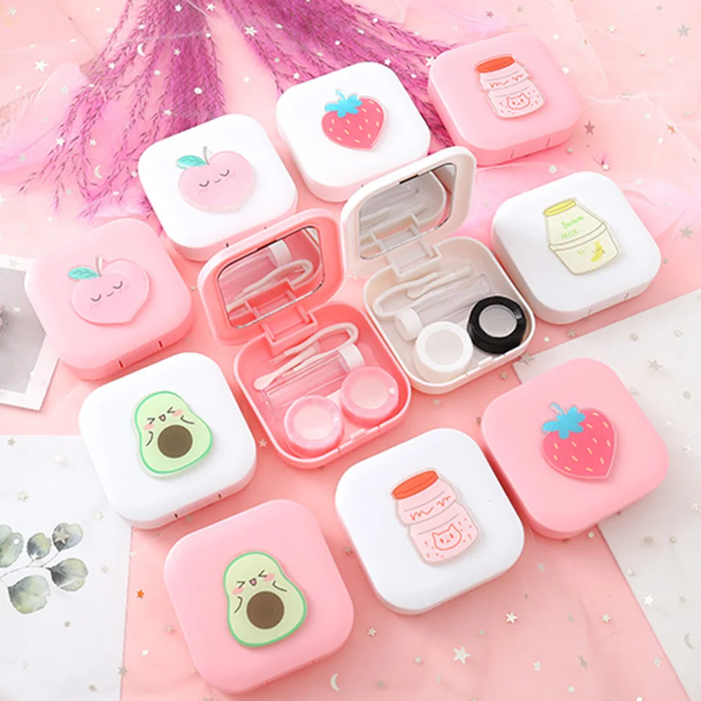 

Contact Lens Case Portable Travel Glasses Box With Mirror Women Girls Eyes Care Cute Cartoon Bottle Fruit Eyeglasses Accessories
