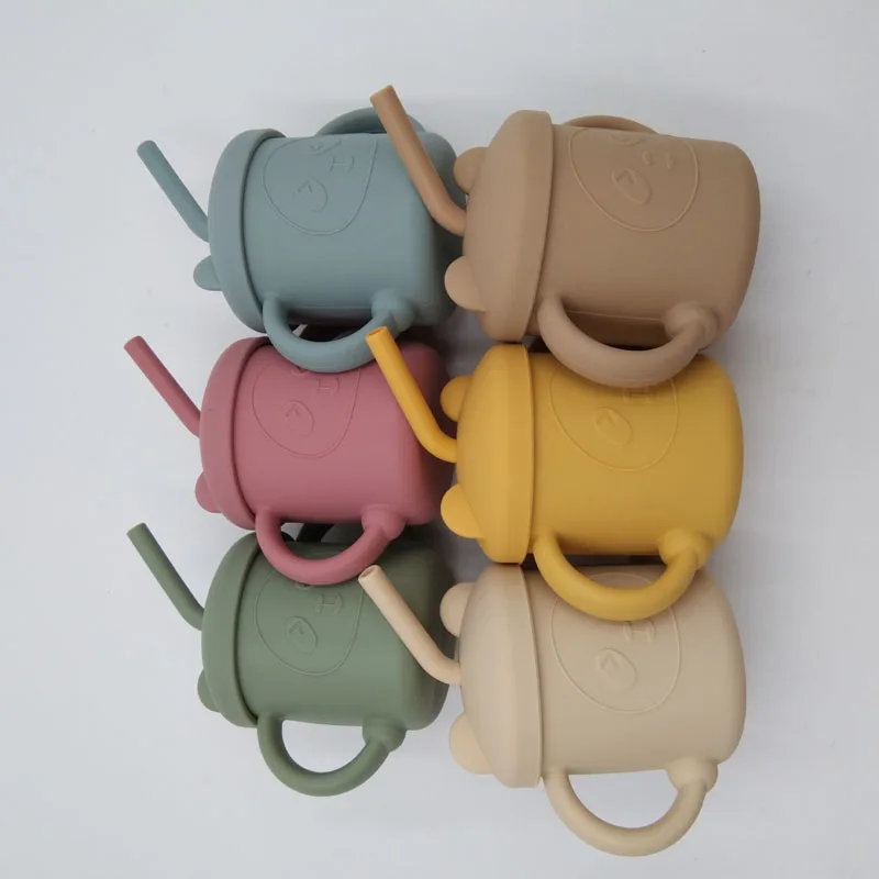 Fuente de alimentaci&oacute;n de beb&eacute; de oso de dibujos animados, vasos de paja para Aprendizaje de beb&eacute;, vasos de alimentaci&oacute;n, vajilla de silicona sin BPA, Bot de agua para ni&ntilde;os peque&ntilde;os-1