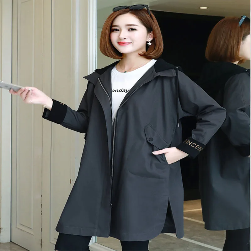 

Повседневный Женский Тренч средней длины на молнии, новинка весны 2021, Женская ветровка в Корейском стиле, женское Прямое пальто с капюшоном