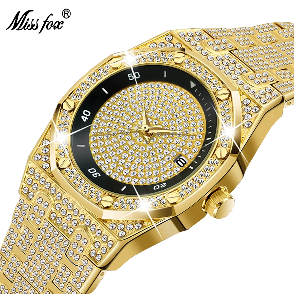 

MISSFOX Luxury Mens Watch Classic Stainless Steel Strap Waterproof Complete Calendar Full Rhinestones Male WristWatch V300