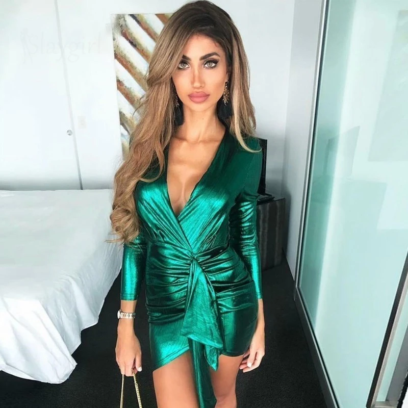 Женское облегающее платье EvaQueen зеленое мини-платье с глубоким v-образным вырезом