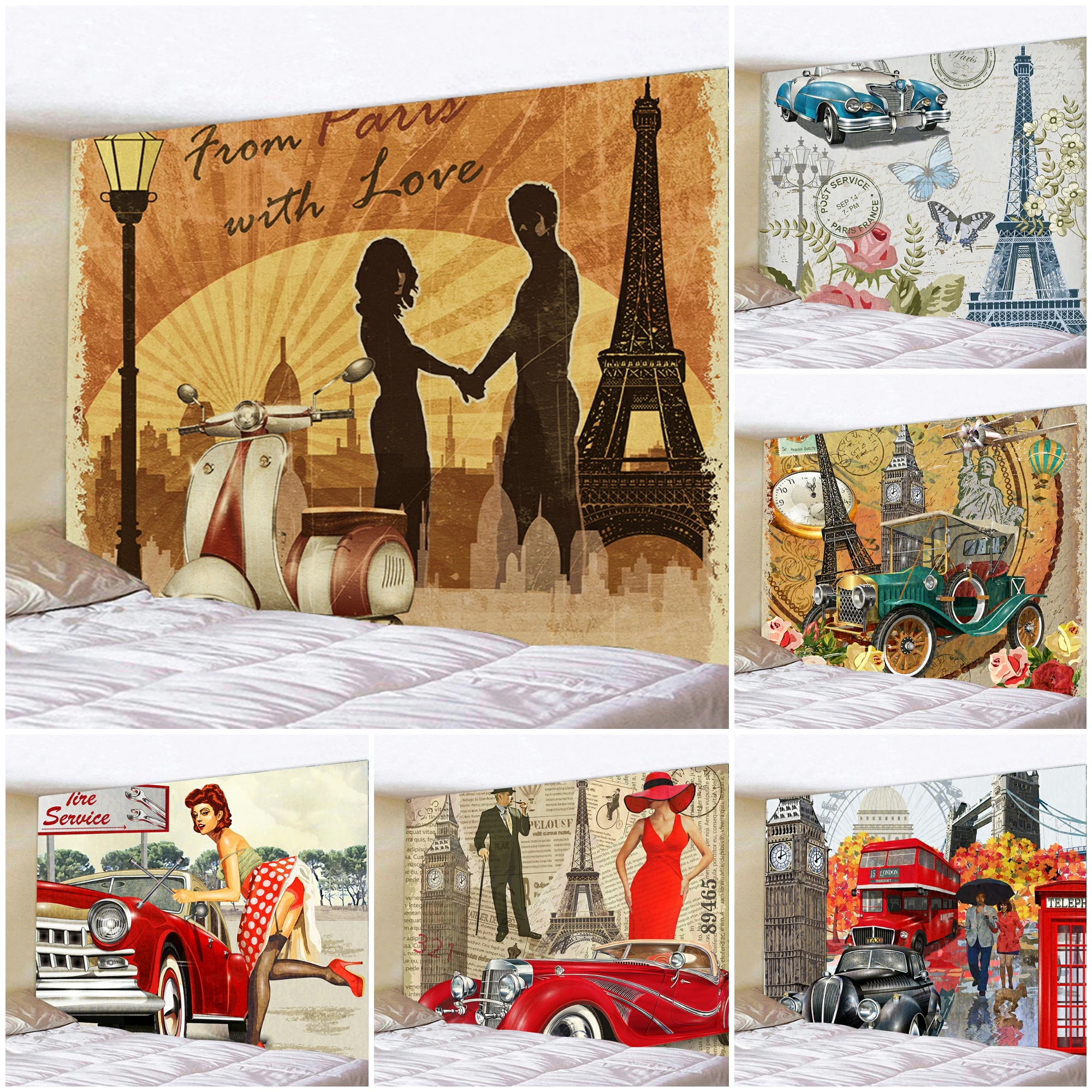 

Гобелен с изображением Эйфелевой башни, Настенный декор разных размеров в стиле ретро с принтом автомобиля, украшение для спальни, настенно...