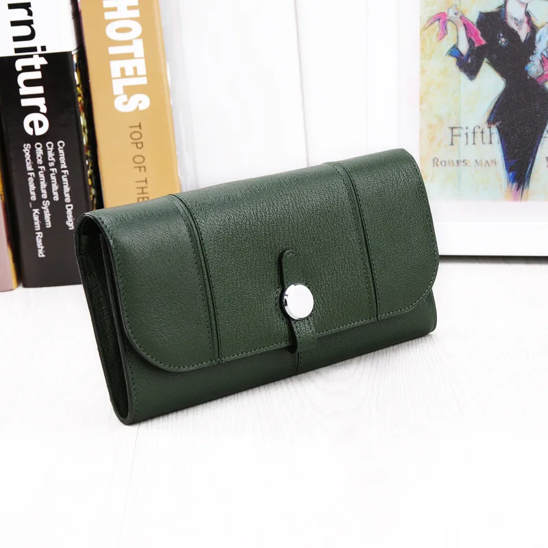 dark green Натуральная кожа коровья кожа Женский Длинный кошелек круглая кнопка монета карман - Цвет: dark green