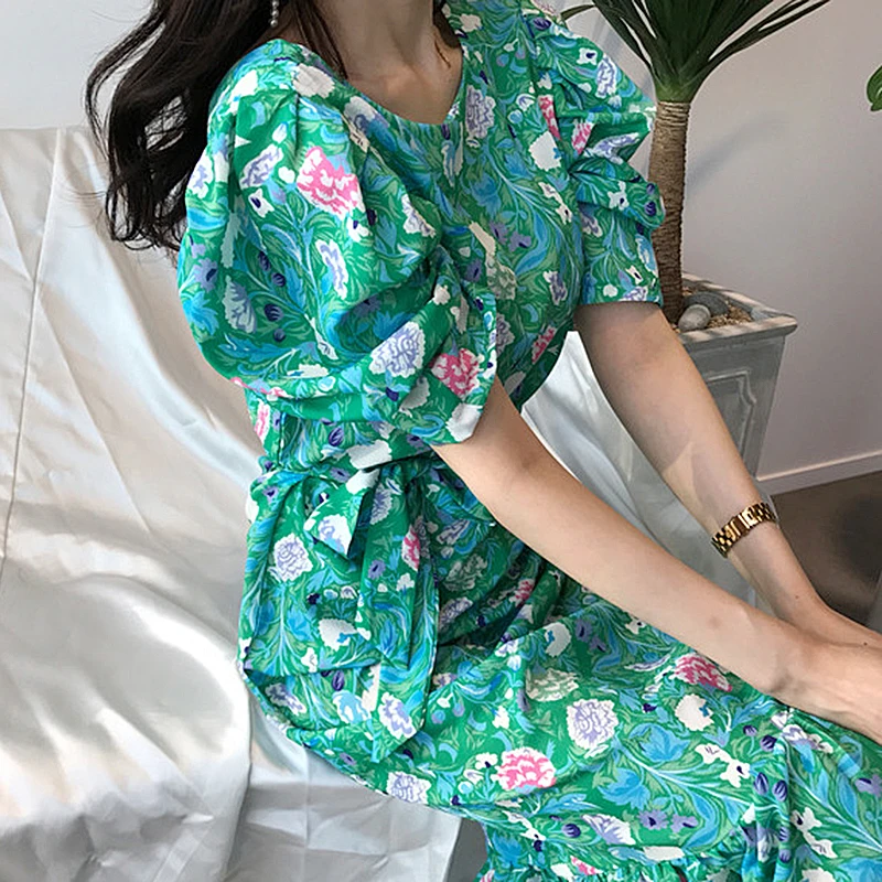 

Корейский Шикарный ретро элегантный круглый вырез полноэкранный цветной дизайн галстук-бабочка Талия пышные рукава женское платье