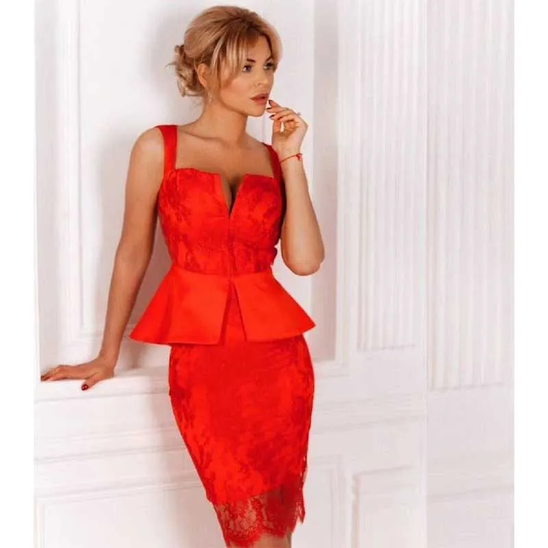 

Wholesale 2020 woman's dress Black Red Spaghetti Strap Ruffle Lace sexy Nightclub celebrity cocktail party bandage dress