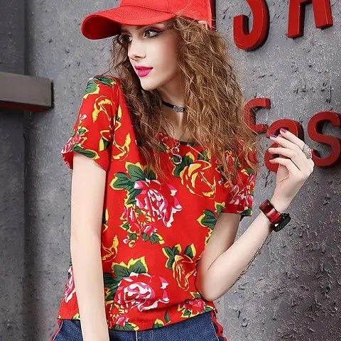 

Multi Option Women T Shirt Summer Short Sleeved Fashion Print Floral Casual Round Neck Fitting Street Wear Tees Plus Size