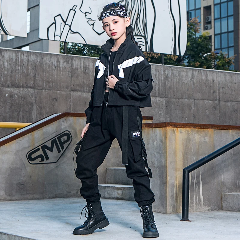 

Детские черные костюмы в стиле хип-хоп для девочек, одежда для джаза с длинным рукавом, Короткие топы, повседневные брюки, одежда для бальных...