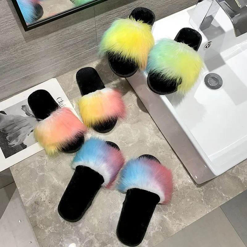 2020 New Fashion Fur Slides Colorful Cheap Furry Plush For Women Outside Slippers Big Slipper Shoes Wholesale | Обувь