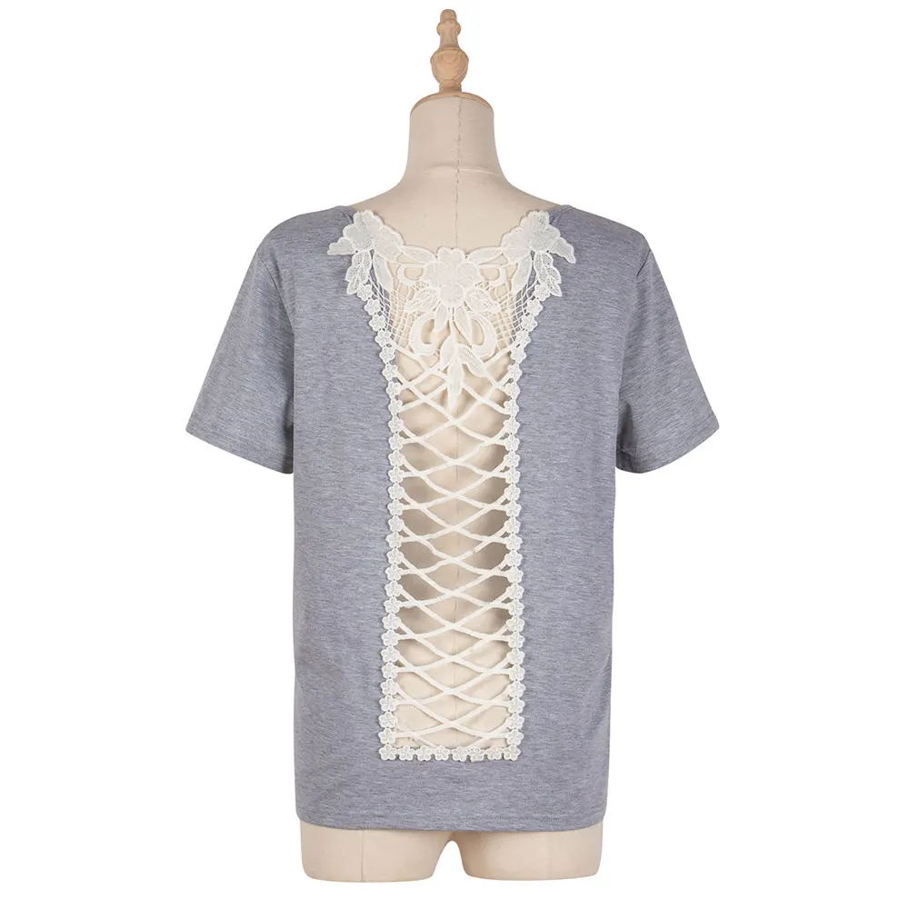 

VICABO Summer T-shirt Solid Color Backless Lace Up Tops Short Sleeve O-Neck Basie Casual Tees Fashion Plus Size Female Clothing
