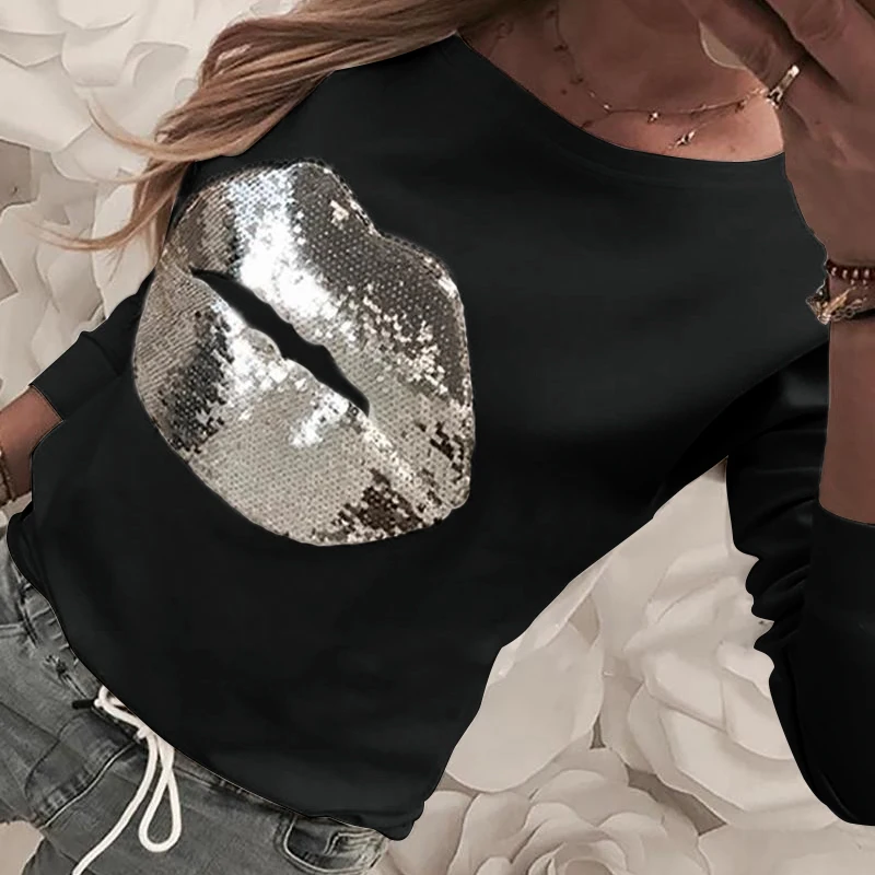 Sequins Black Women Sequins Lips Print Fashionable Sweatshirt Autumn Leopard Long Sleeve Beading Hoodie Lady O-neck Kawaii Sweatshirt Hoodies - Цвет: Sequins Black