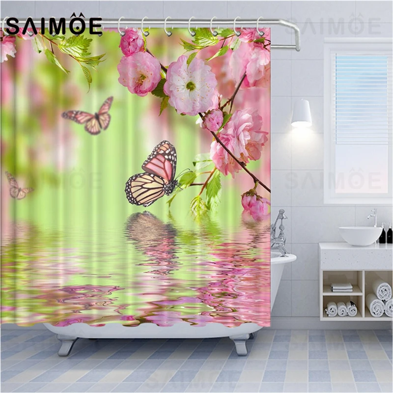 Занавеска для душа SAIMOE с розовыми цветами Штора ванной бабочками ВОДНЫЕ ЛИЛИИ из