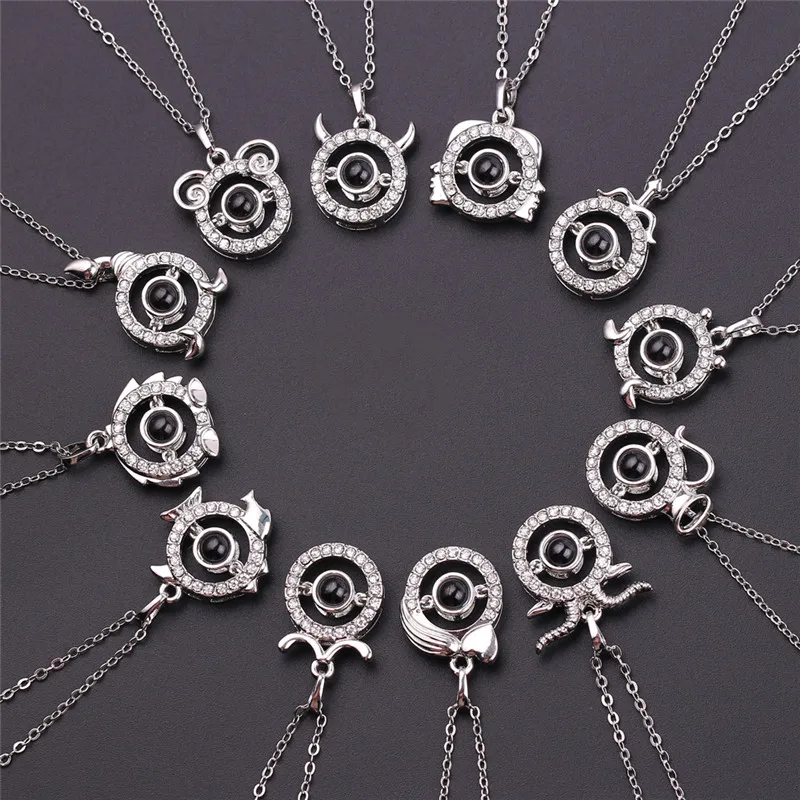 Rose Gold&ampSilver 100 languages I love you Projection Twelve Constellation Pendant Necklace Romantic Love Memory Wedding | Украшения и