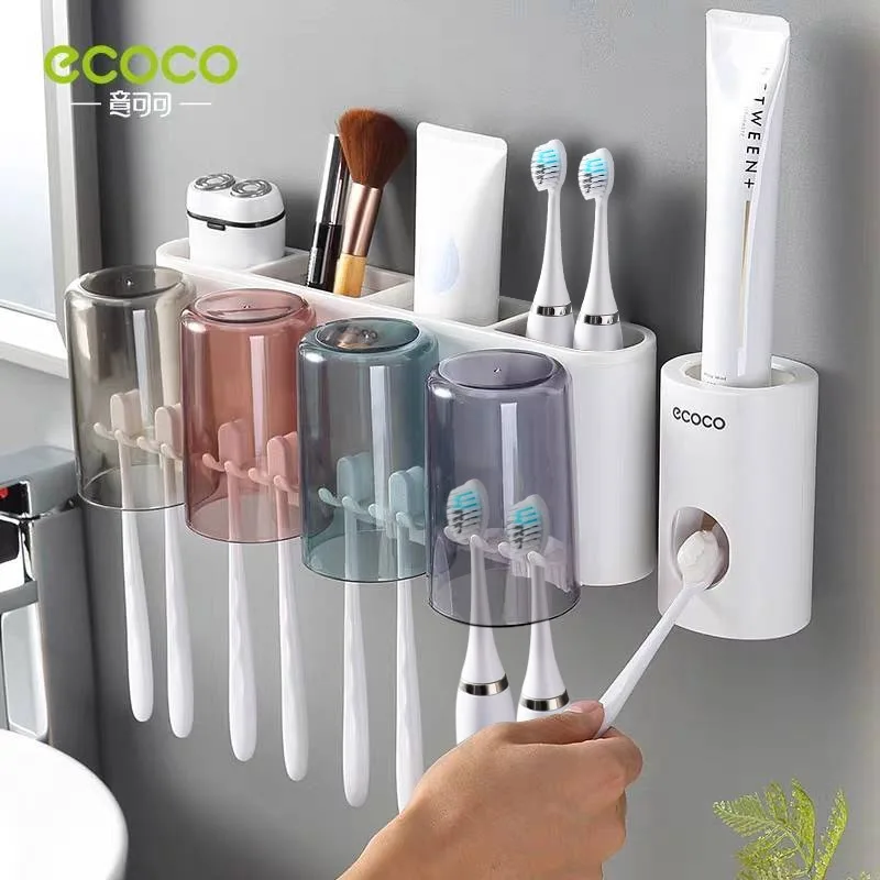 ecoco multifunctional toothbrush holder with cups toothpaste dispenser wall mount storage rack tools set bathroom accessories free global shipping