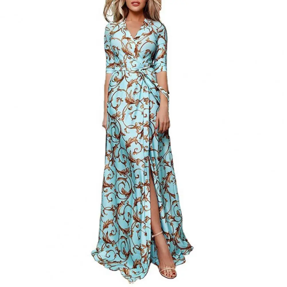 

Summer Beach Maxi Dress Women Floral Print 3/4 Sleeve Boho Long Chiffon Dress Wrap Casual V-Neck Split Sexy Party Dress Robe
