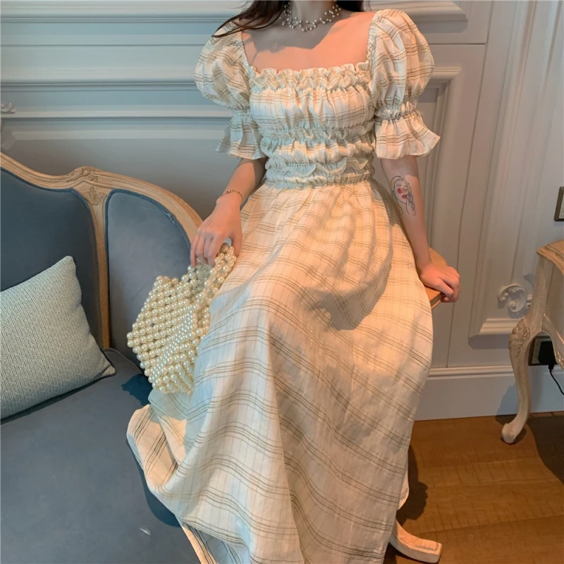 

New French Style Retro Lattice Square Collar High Waist Vestidos Puff Sleeve Plaid Women Dress Female Casual Dress