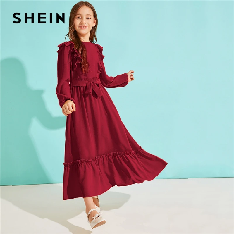SHEIN Kiddie/однотонное платье с оборками на подоле для девочек с поясом; коллекция года; сезон осень; милые детские макси платья с высокой талией на молнии сзади