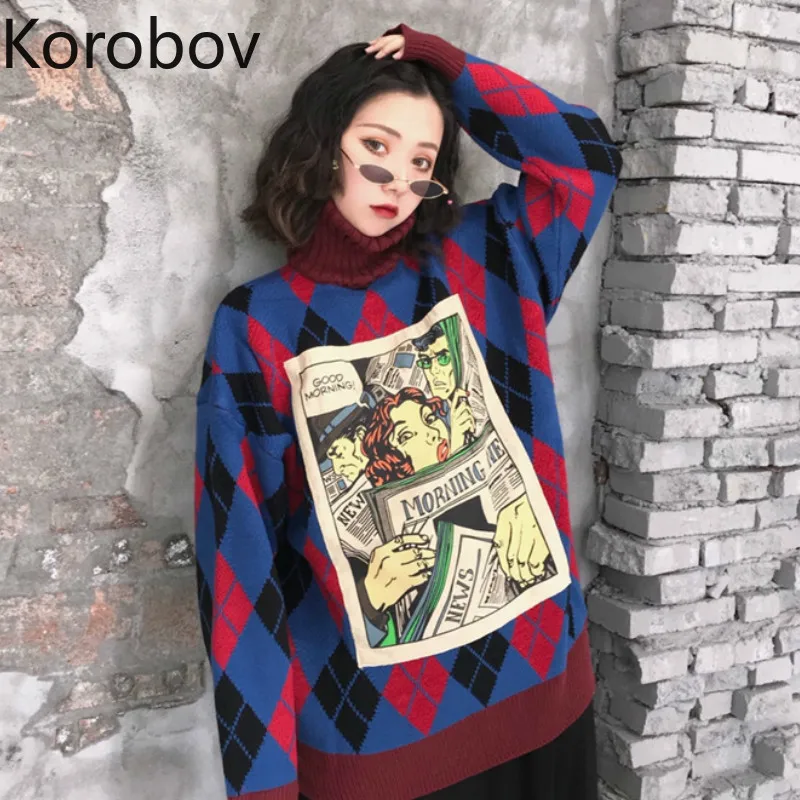 Корейские женские свитера в стиле Харадзюку С мультяшным рисунком уличная