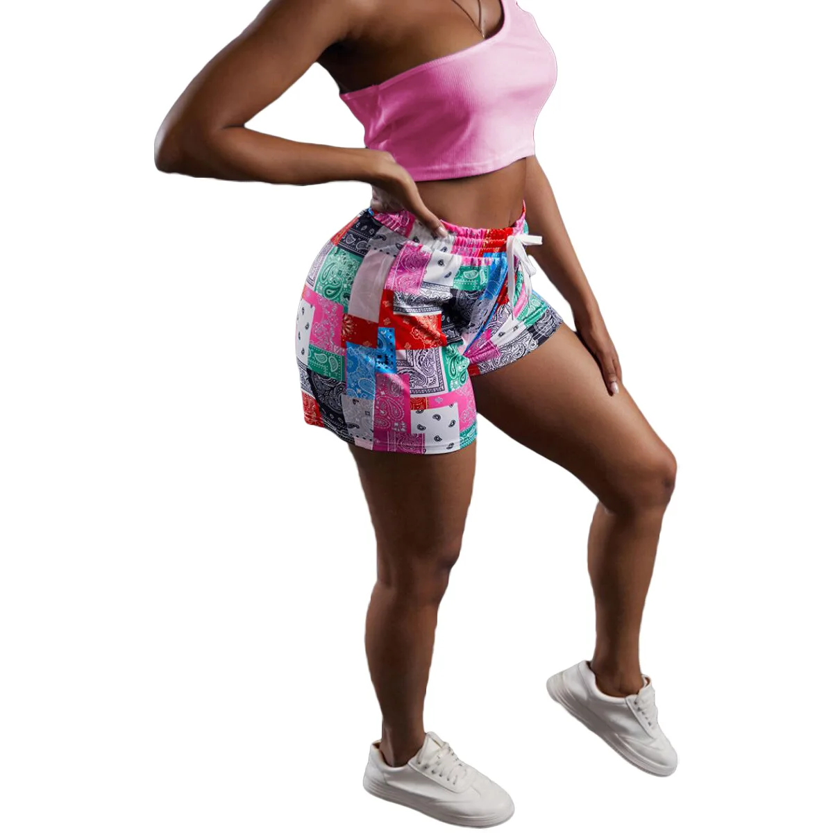 

New Summer 2021 Fashion Women's Suit Patchwork Print Shorts + Solid Color One-Shoulder T-Shirt Casual Sports 2 Piece Set Outfis