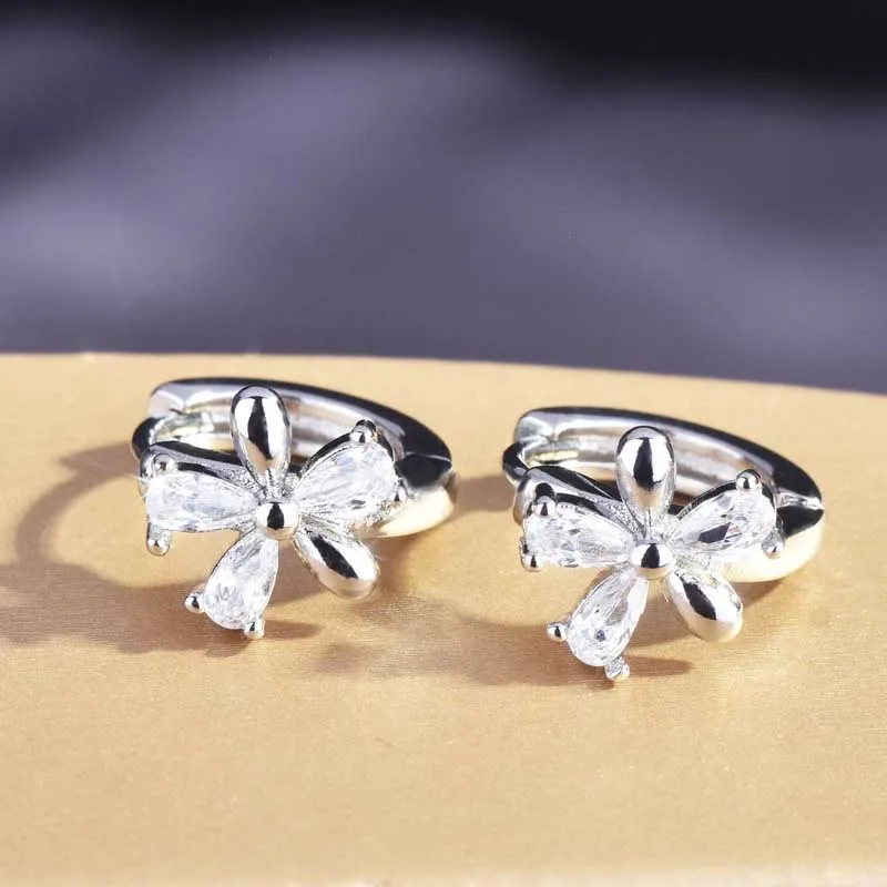 

925 Silvery Exquisite Cute Flower Clip Earrings Inlay Shine Crystal Zircon Elegant Minimalist Jewelry Women Wedding Engagement