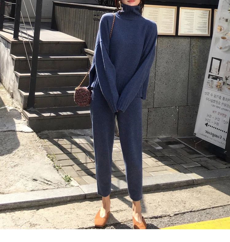 

Women's Knitted Suits Autumn Winter Knitted Pants+Loose Thick Turtleneck Sweaters Wide Leg Pants Trousers Two-piece Set
